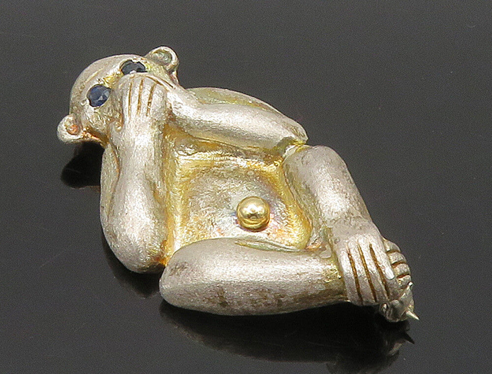 14k Gold 925 Sterling Silver Vintage Speak No Evil Monkey Brooch Pin  BP6277