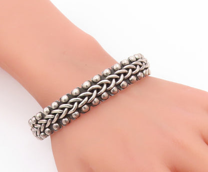 925 Sterling Silver Vintage Bracelet MEXICO Basket Weave & Beaded Cuff  BT11773