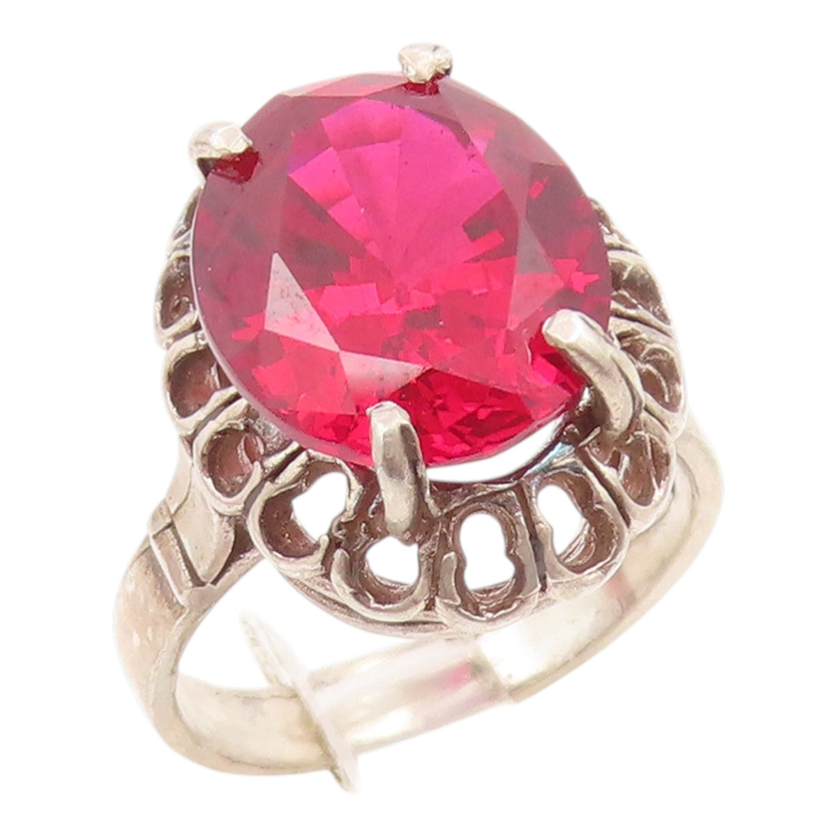 925 Sterling Silver Vintage Ring Oval Cut Ruby Floral Cutout Band  Sz 8  RG35677
