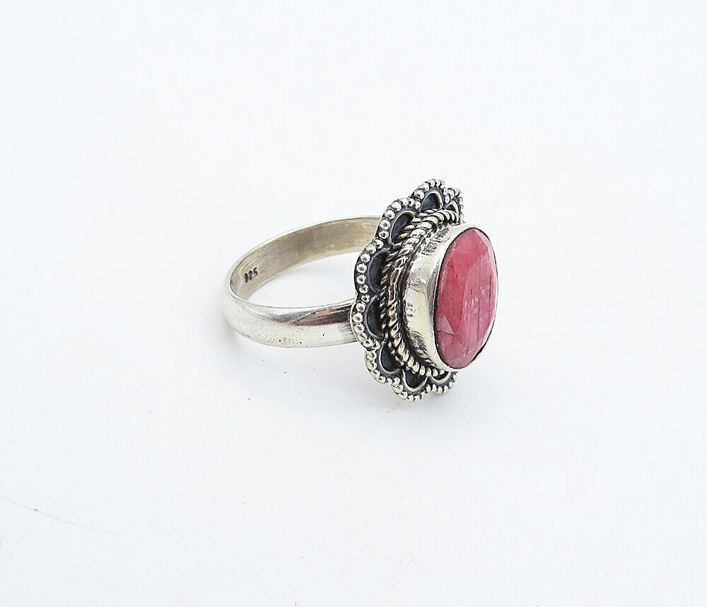 925 Sterling Silver  Vintage Ruby Floral Border Cocktail Ring Sz 7.5  RG4504