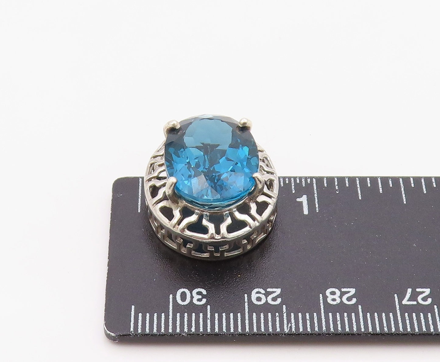 925 Sterling Silver Vintage Pendant Modernist Oval Cut Blue Topaz Charm  PT26336