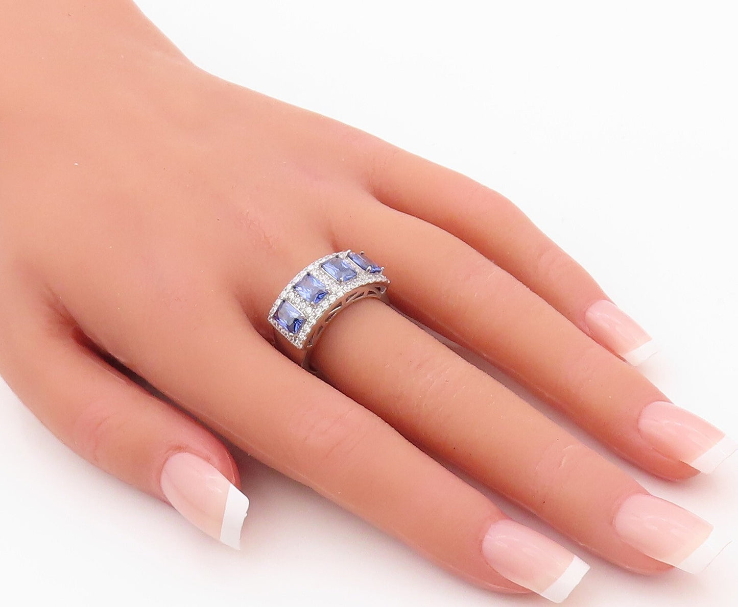 925 Sterling Silver Vintage Ring Rectangle Cut Blue & White CZ Band Sz 7 RG29987