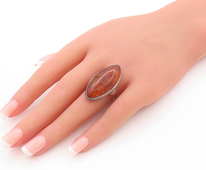 925 Sterling Silver Vintage Ring POLAND Large Oval Honey Amber  Sz 8.5  RG32822