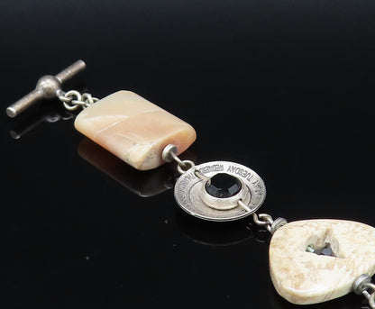925 Silver  Vintage Mother Of Pearl Black Spinel & Agate Chain Bracelet BT9675