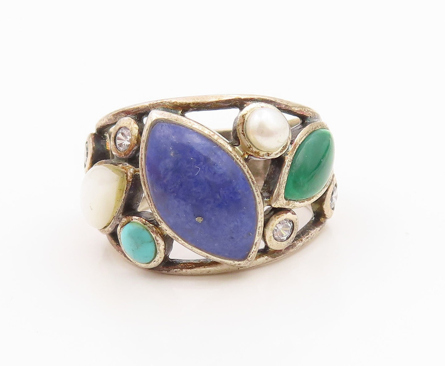 925 Sterling Silver Vintage Ring Classic Multi Gemstone Band  Sz 7.5  RG36063