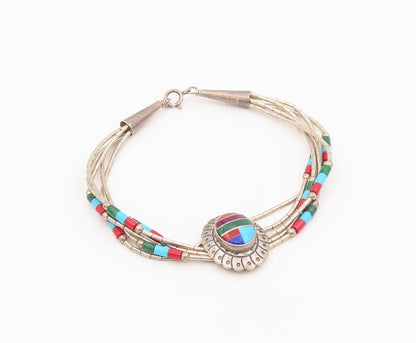 925 Sterling Silver Vintage Bracelet SOUTHWESTERN Multi Gemstone Inlay BT11526