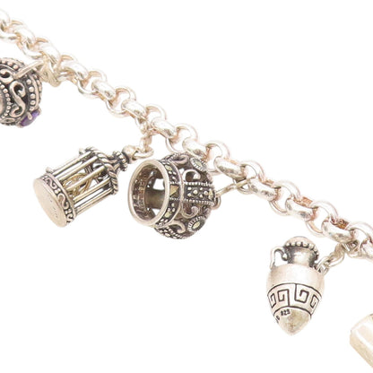925 Sterling Silver Vintage Bracelet Multi Gemstone Storyteller Charms  BT11757