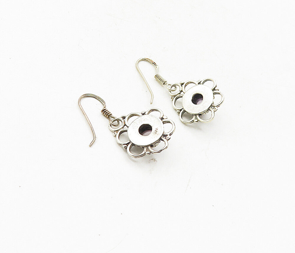 925 Sterling Silver  Vintage Cabochon Amethyst Flower Drop Earrings  EG4912