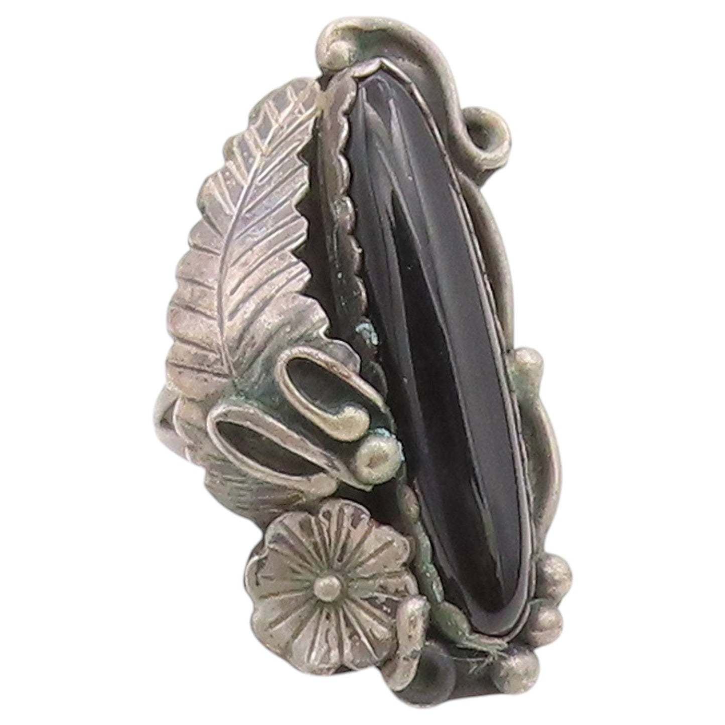925 Sterling Silver Vintage Ring NAVAJO Black Onyx Leaf Band  Sz 7.5  RG36570