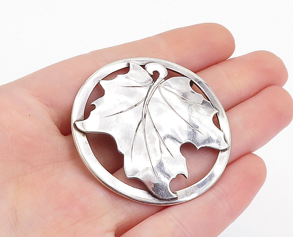 925 Sterling Silver  Vintage Shiny Single Autumn Leaf Round Brooch Pin  BP1986