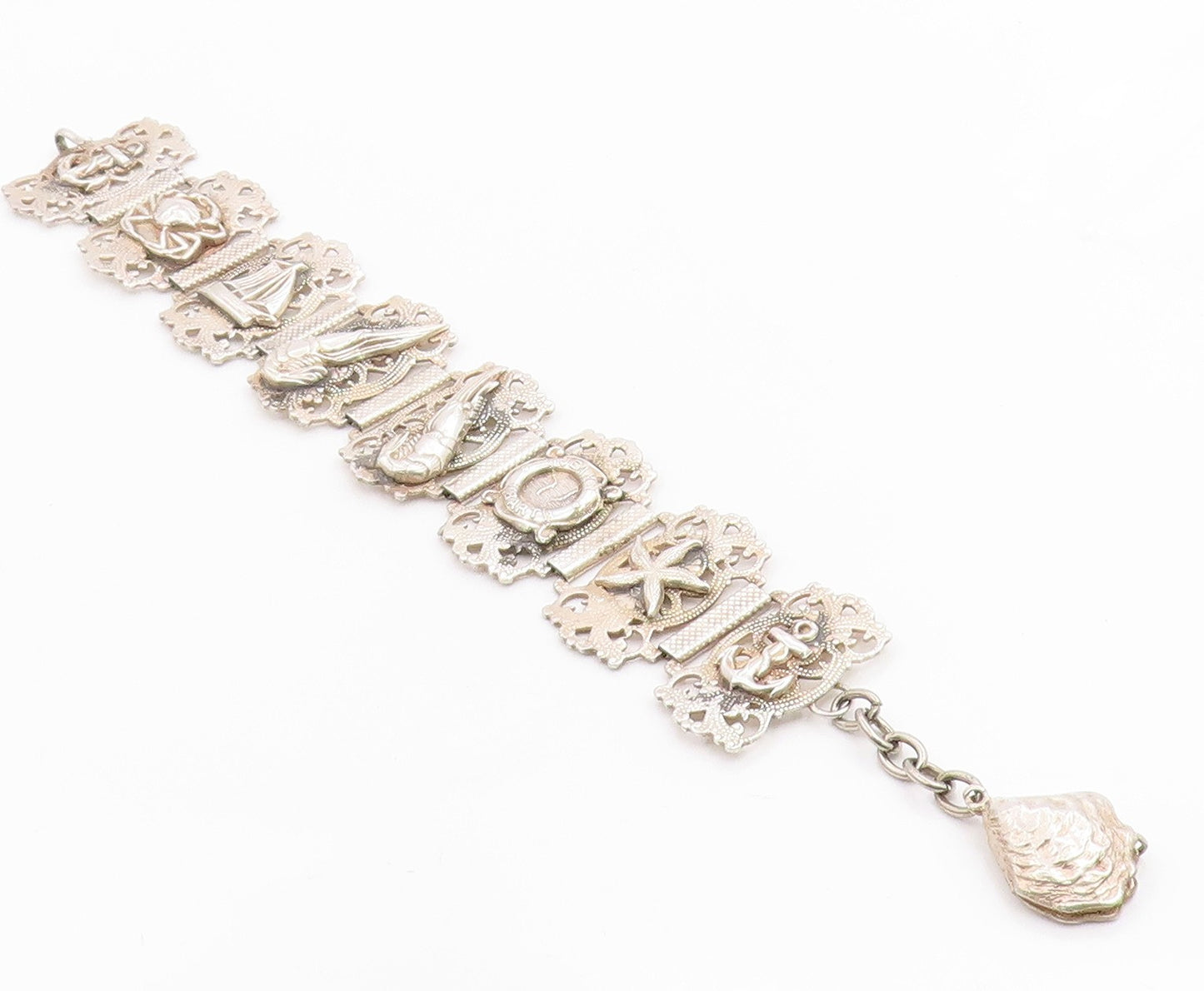 925 Sterling Silver Vintage Bracelet Modernist Marine Life Motif Link  BT12071