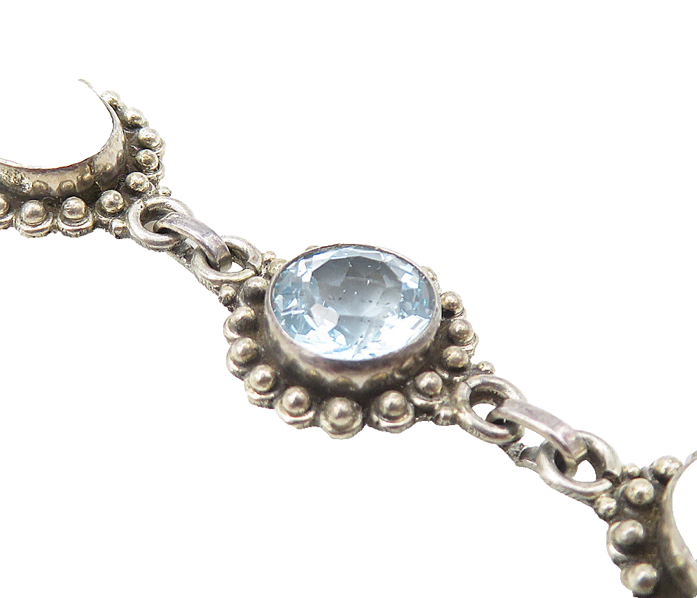 925 Sterling Silver  Vintage Agate & Blue Topaz Floral Chain Bracelet  BT3731