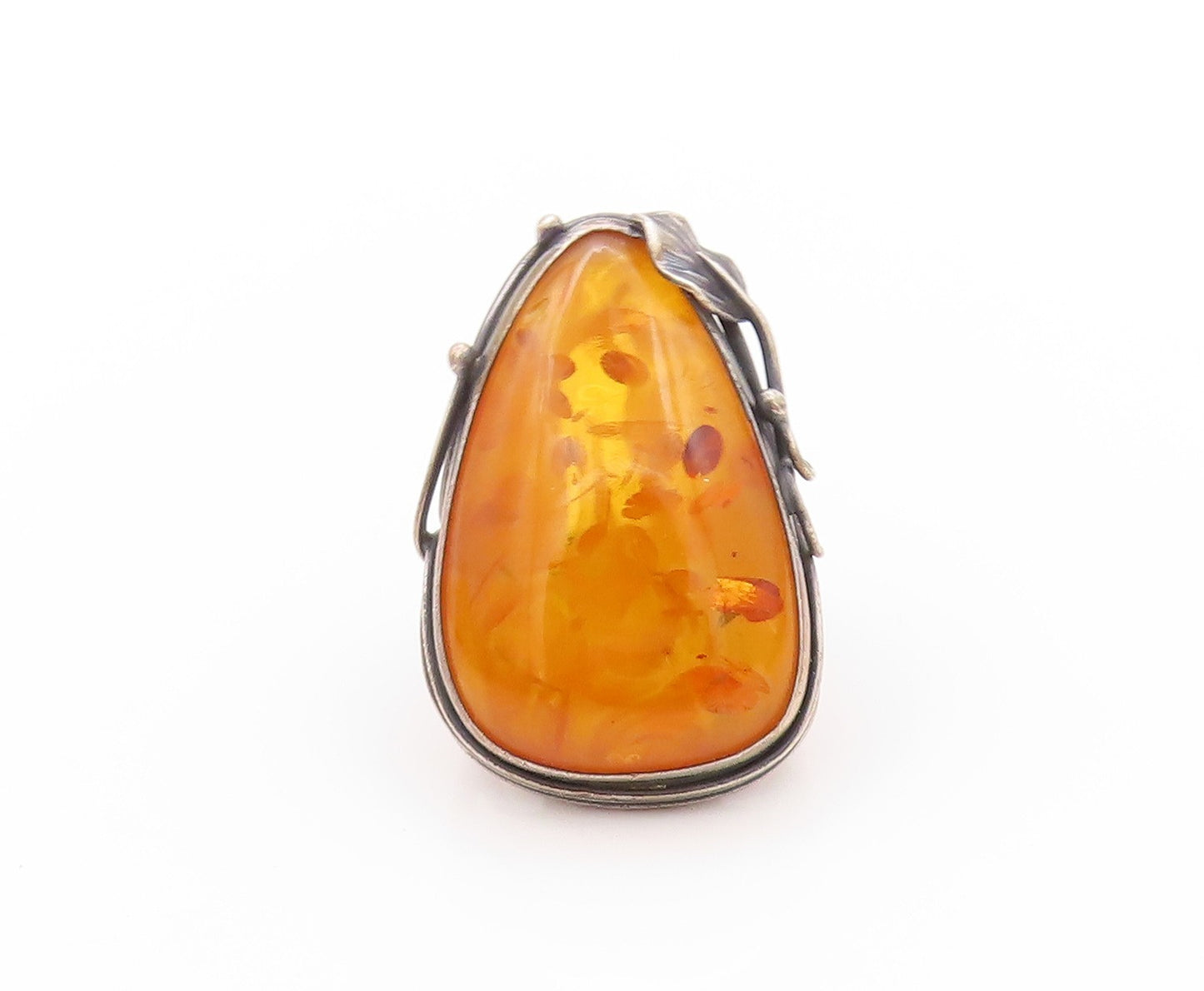 925 Sterling Silver Vintage Ring POLAND Floral Carved Honey Amber  Sz 8  RG32664