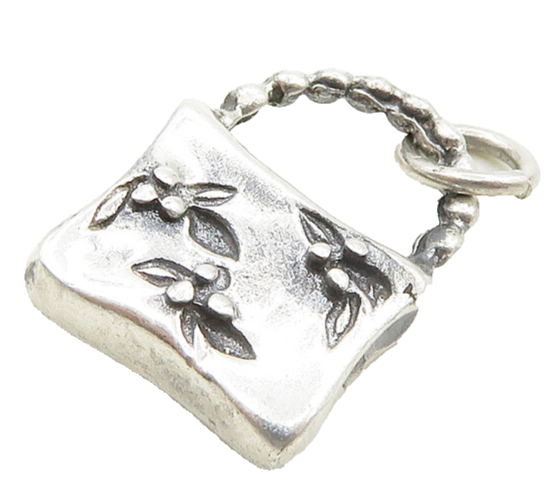925 Sterling Silver  Vintage Shiny Petite Floral Purse Motif Pendant  PT15120