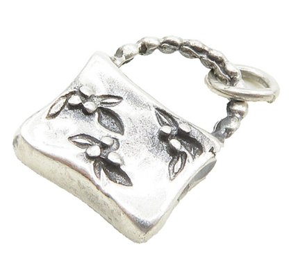 925 Sterling Silver  Vintage Shiny Petite Floral Purse Motif Pendant  PT15120