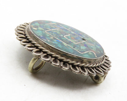 MEXICO 925 Sterling Silver  Vintage Crushed Turquoise Round Brooch Pin  BP4720