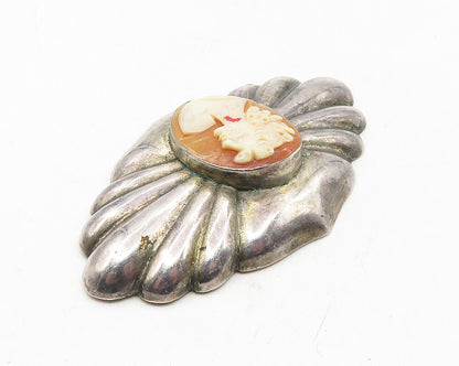 925 Sterling Silver  Vintage Carved Woman Fluted Cameo Brooch Pin  BP3734