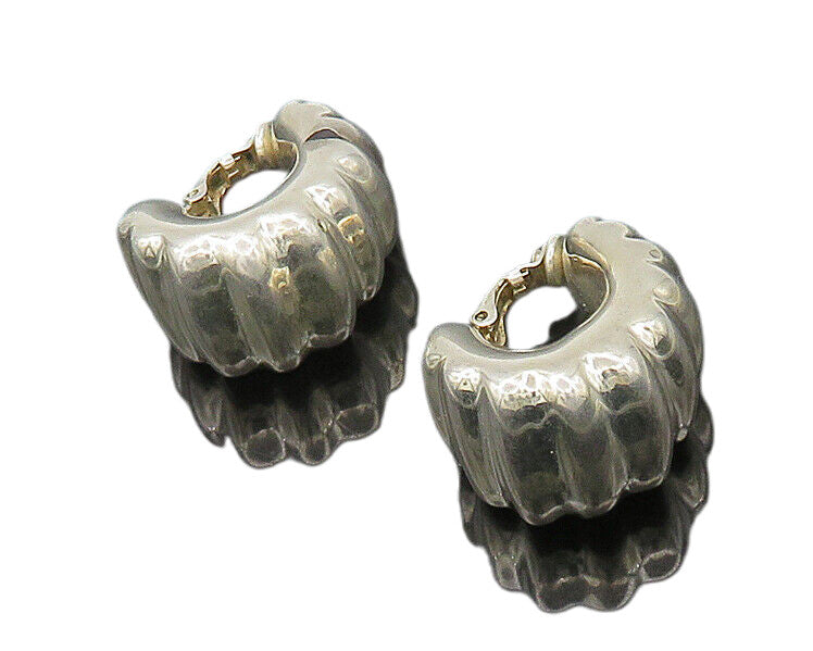 925 Sterling Silver  Vintage Hollow Fluted Non Pierce JHoop Earrings  EG9779