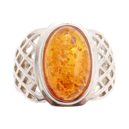 925 Sterling Silver Vintage Ring Net Design Cut Band Honey Amber  Sz 10  RG32698