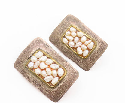 925 Sterling Silver Vintage Earrings Designer Amorphas Rectangle Pearls  EG13408