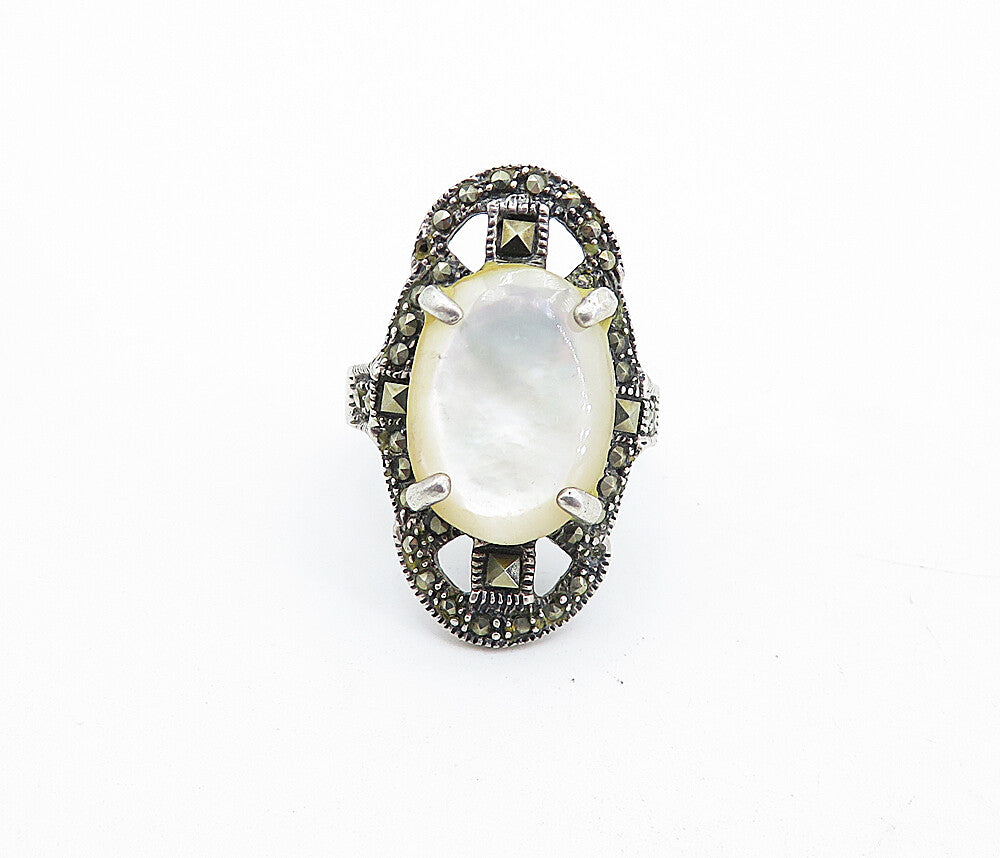 925 Silver  Vintage Victorian Mother Of Pearl Cocktail Ring Sz 7.5  RG4580