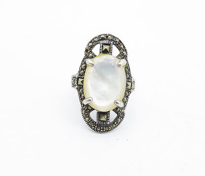 925 Silver  Vintage Victorian Mother Of Pearl Cocktail Ring Sz 7.5  RG4580
