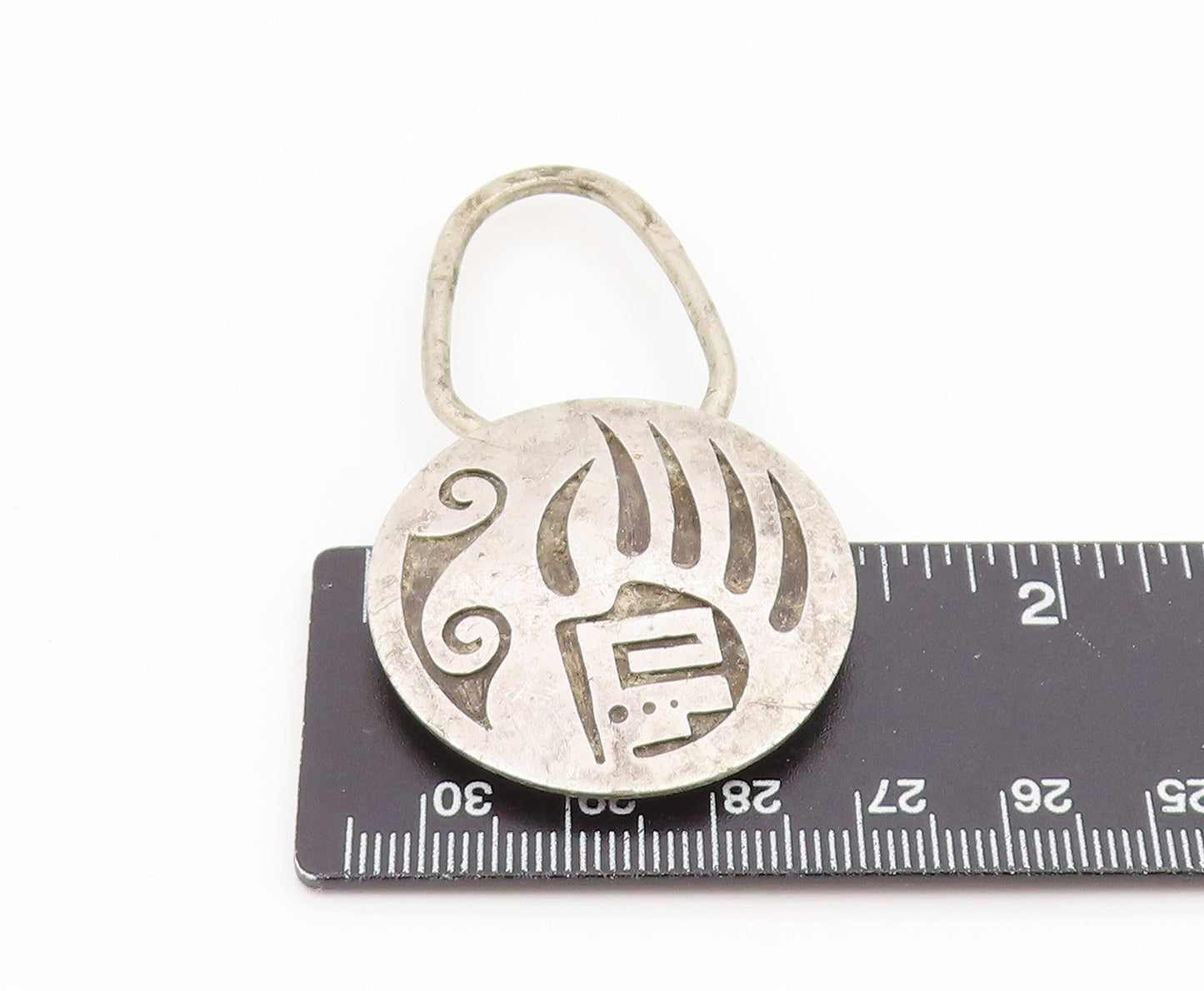 925 Sterling Silver Vintage Key Chain NAVAJO Carved Bear Paw Overlay Fob  TR4210