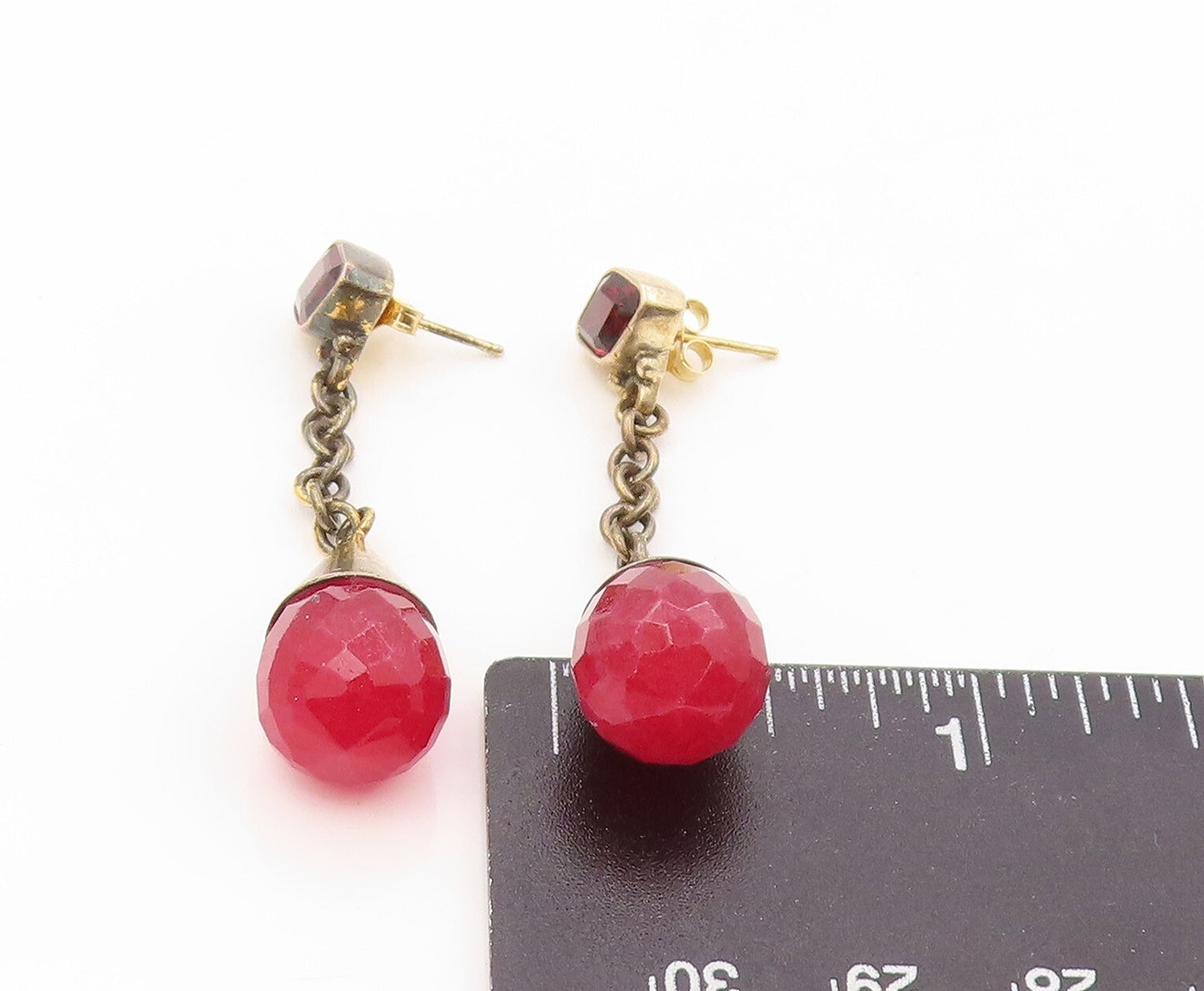 925 Sterling Silver Vintage Earrings Gold Plated Dangling Ruby & Garnet  EG13404