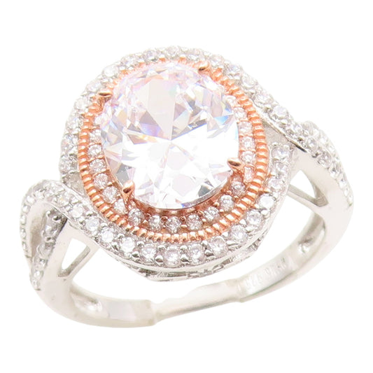 925 Sterling Silver Vintage Ring CZ Two Tone Halo Statement Band  Sz 7  RG35232