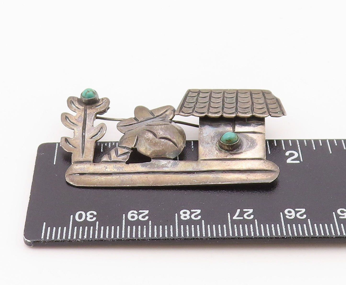 925 Sterling Silver Vintage Brooch MEXICO Turquoise Siesta Scenic Pin  BP12568