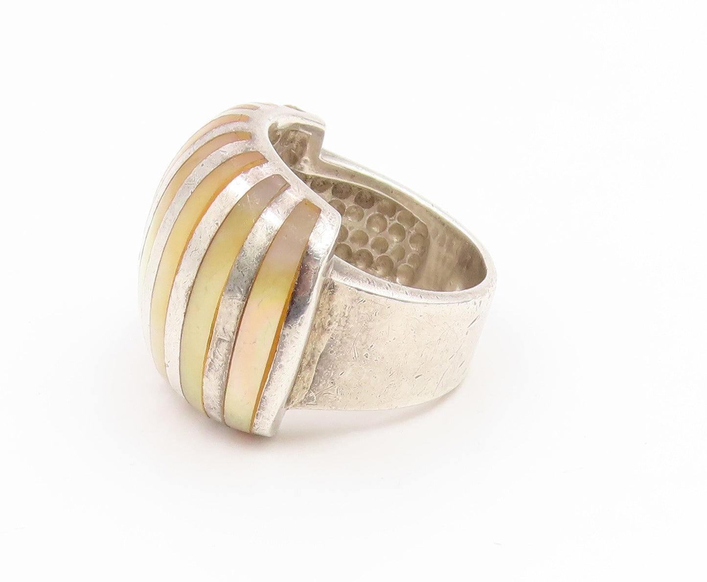 925 Sterling Silver Vintage Ring Mother Of Pearl Inlay Dome Band Sz 4.5 RG35115