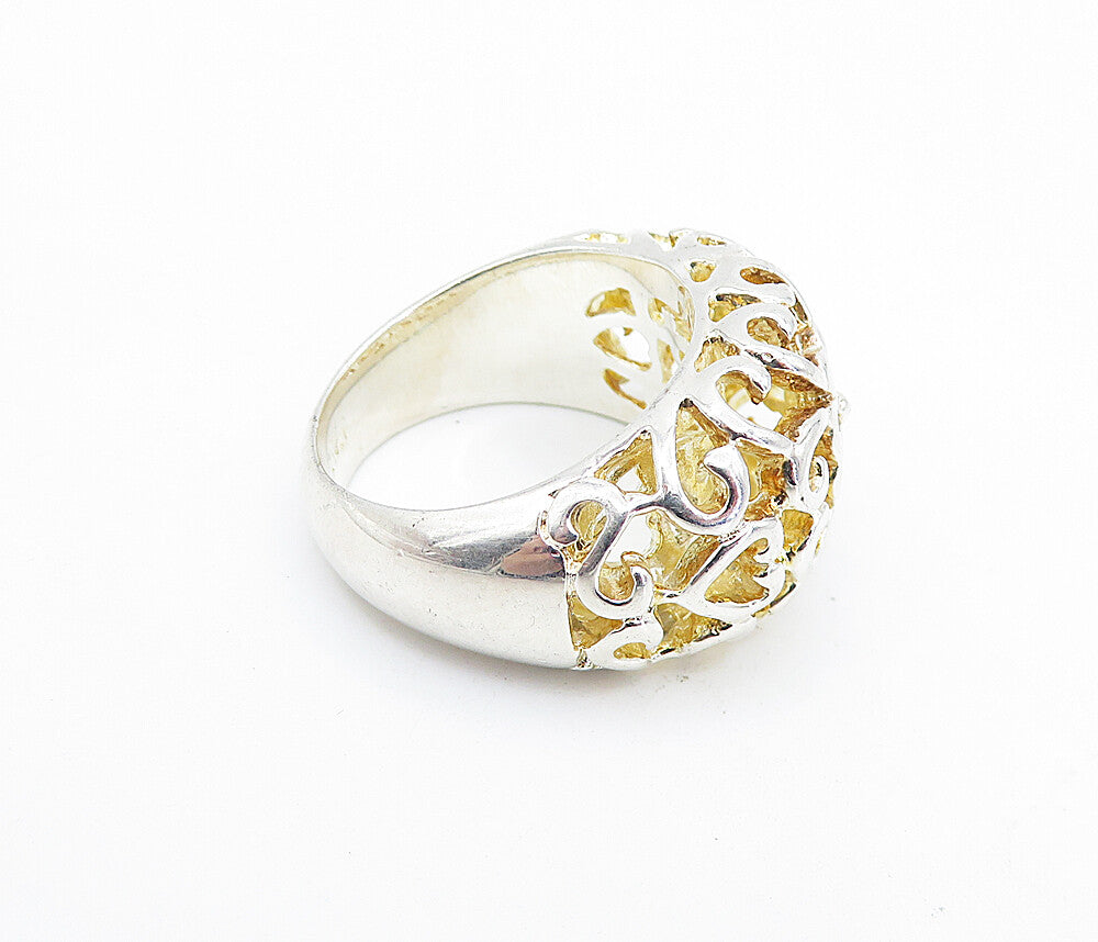925 Sterling Silver  Shiny Floral Swirl Cutout Dome Band Ring Sz 8  RG6072