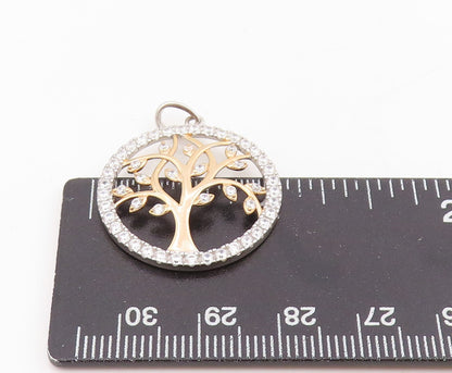925 Sterling Silver Vintage Pendant CZ Two Tone Tree Of Life Medallion  PT25537