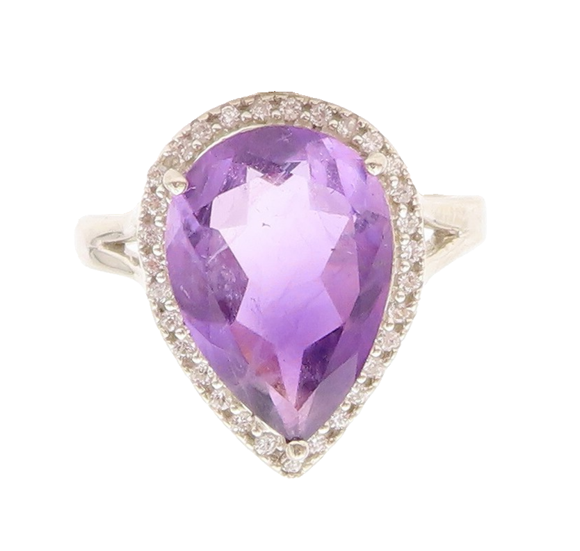 925 Sterling Silver Vintage Ring Drop Cut Amethyst Halo CZ Frame  Sz 7  RG30830