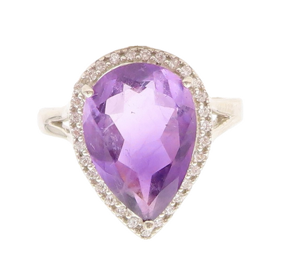 925 Sterling Silver Vintage Ring Drop Cut Amethyst Halo CZ Frame  Sz 7  RG30830