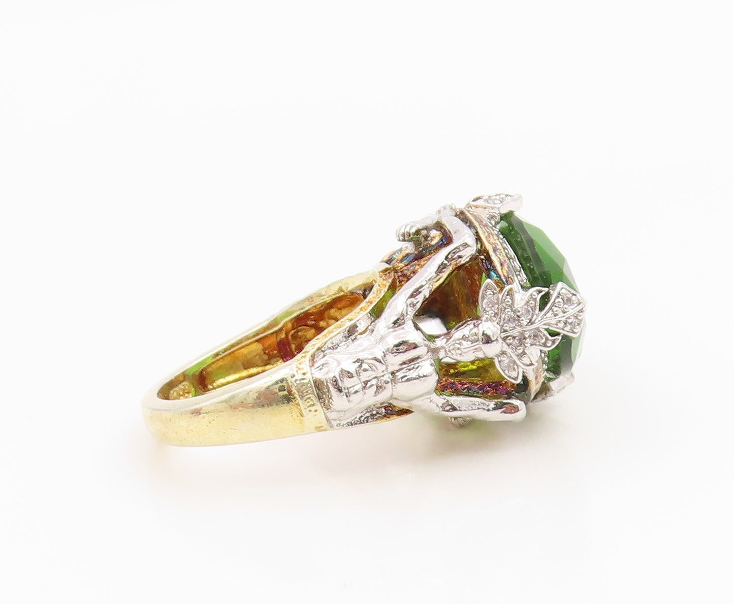 925 Sterling Silver Vintage Ring Peridot Two Tone Statement Band  Sz 6  RG35358