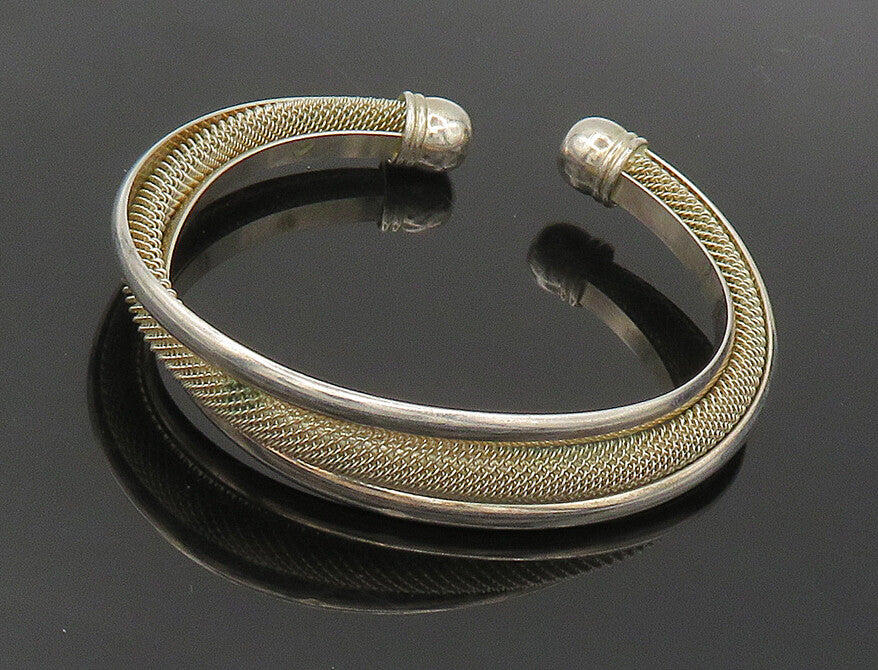 925 Sterling Silver  Vintage Shiny Mesh Detail Split Cuff Bracelet  BT6632