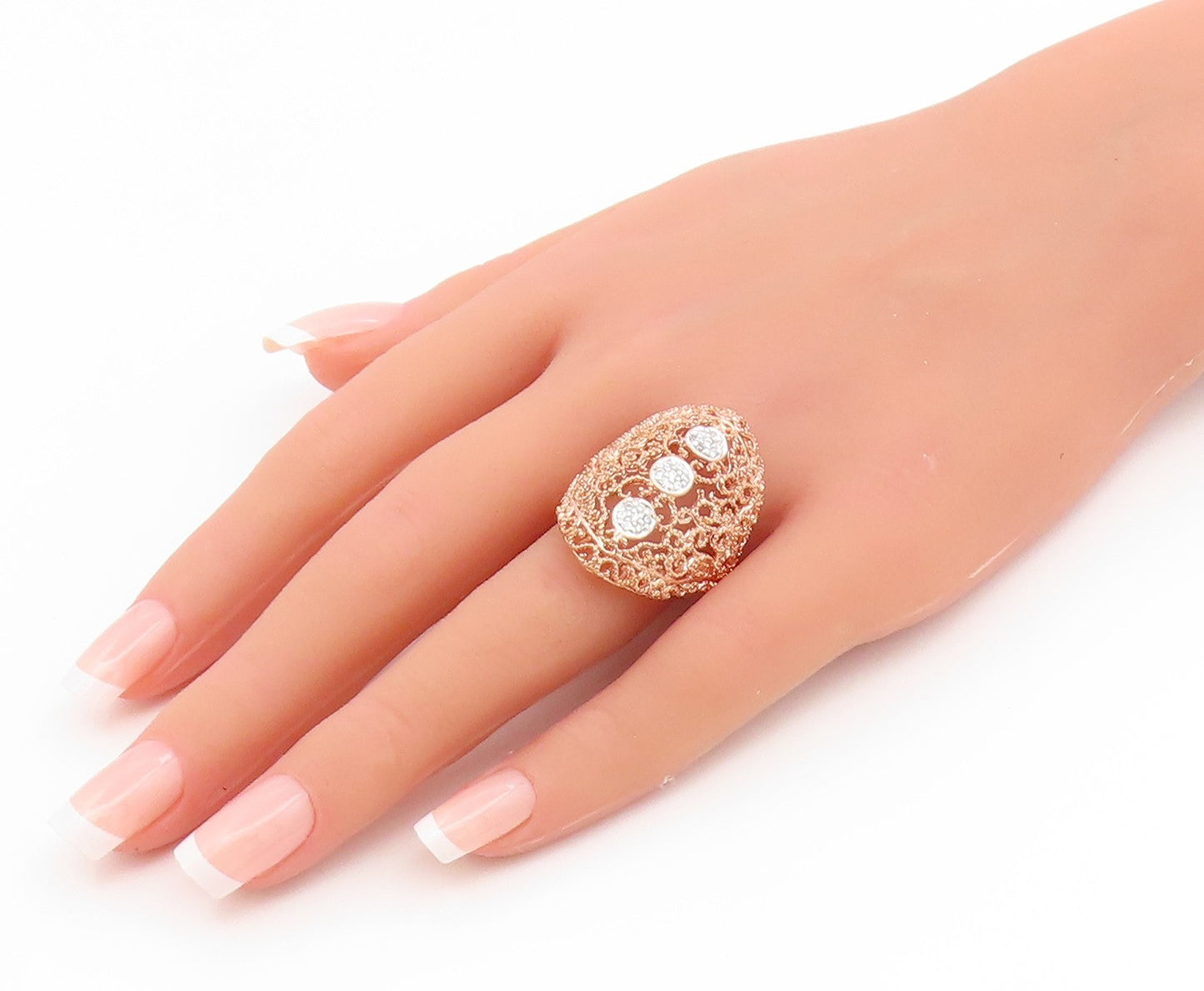 925 Sterling Silver Vintage Ring Gold Plated CZ Intricate Openwork Sz 8 RG35216