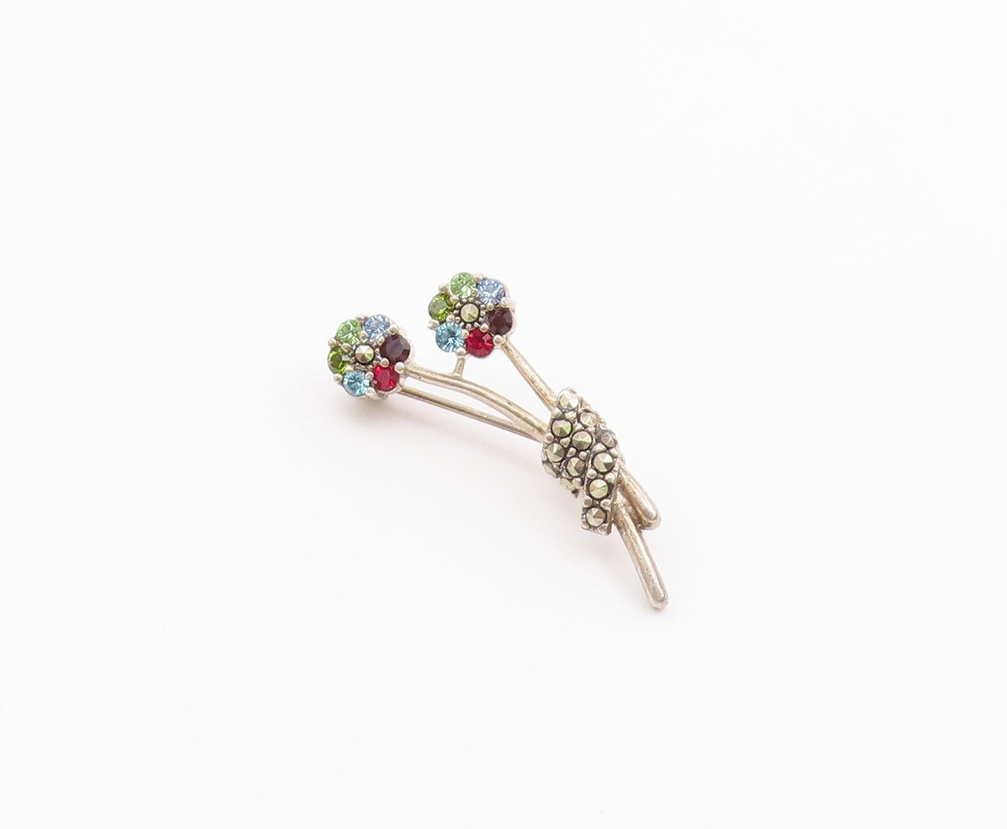 925 Silver  Vintage Beautiful Garnet & Multi Stone Flower Brooch Pin  BP9774
