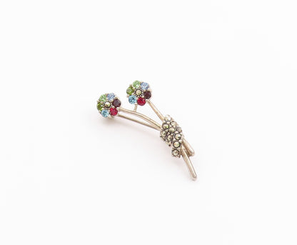 925 Silver  Vintage Beautiful Garnet & Multi Stone Flower Brooch Pin  BP9774