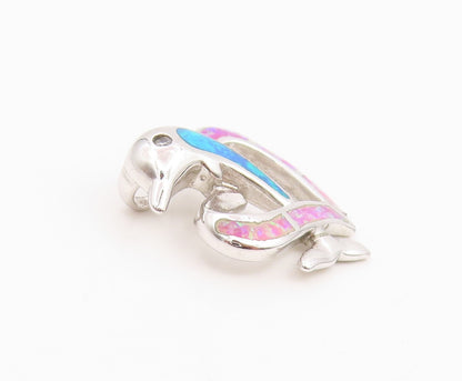 925 Sterling Silver Vintage Pendant Fire Opal Inlay Dolphin & Love Heart PT25977