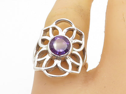 925 Sterling Silver  Amethyst Open Floral Design Cocktail Ring Sz 8  RG8461