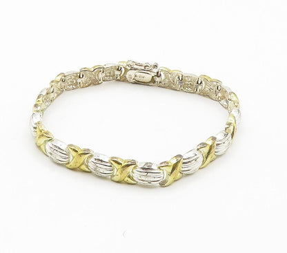 925 Sterling Silver  Vintage Two Tone XO Hugs & Kisses Chain Bracelet  BT6050