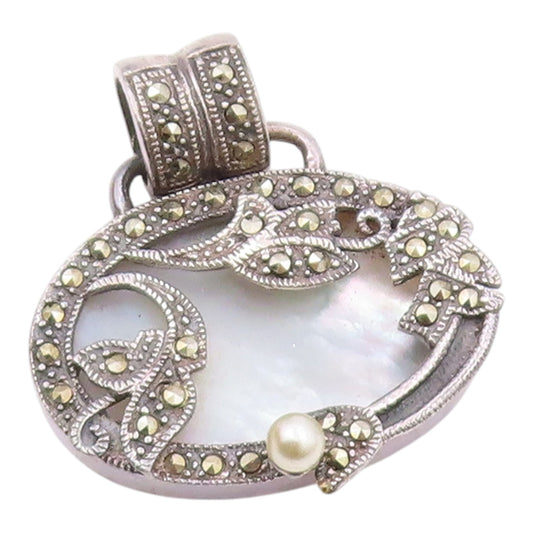 925 Silver  Vintage Petite Pearl, Mother Of Pearl & Marcasite Pendant  PT16954