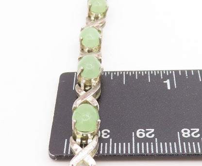 925 Sterling Silver Vintage Bracelet Oval Jade Elegant Crisscross Link  BT11744