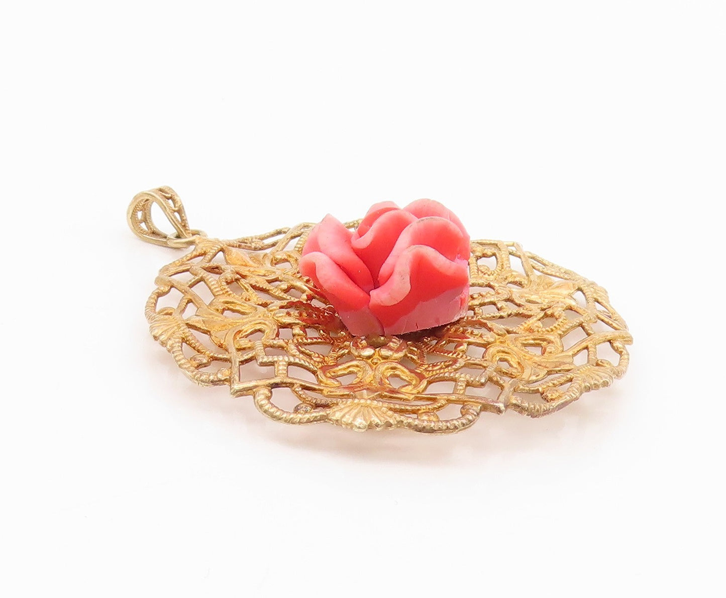 925 Sterling Silver Vintage Pendant Gold Plated Gemstone Rose Floral Cut PT24248