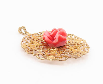 925 Sterling Silver Vintage Pendant Gold Plated Gemstone Rose Floral Cut PT24248