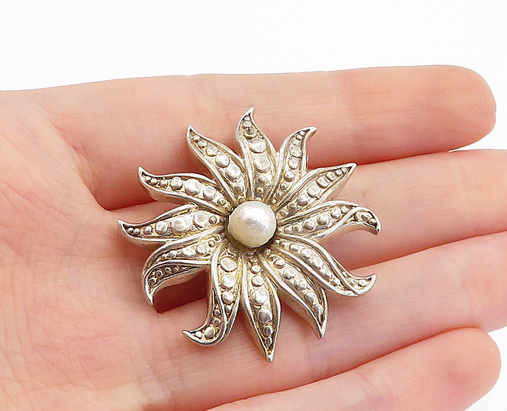925 Sterling Silver  Vintage Pearl Centered Flower Design Pendant  PT3790