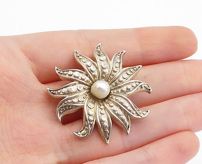 925 Sterling Silver  Vintage Pearl Centered Flower Design Pendant  PT3790