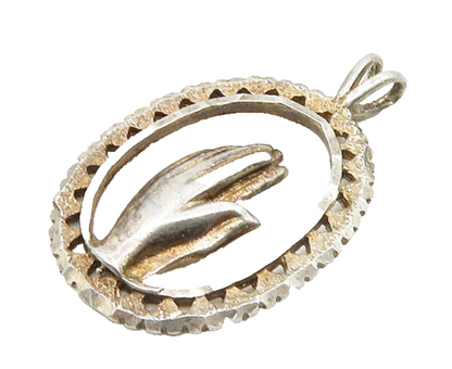 925 Sterling Silver  Vintage Prayer Hands Motif Oval Drop Pendant  PT14715